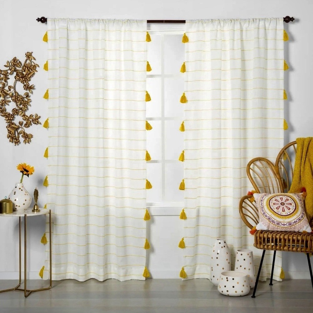 Opalhouse Curtain Panels 85" X 54" Yellow White Stripe Tassel Light Filtering x2